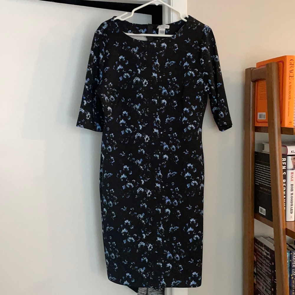Carmen Marc Valvo Black Floral 3/4 Sleeve Dress